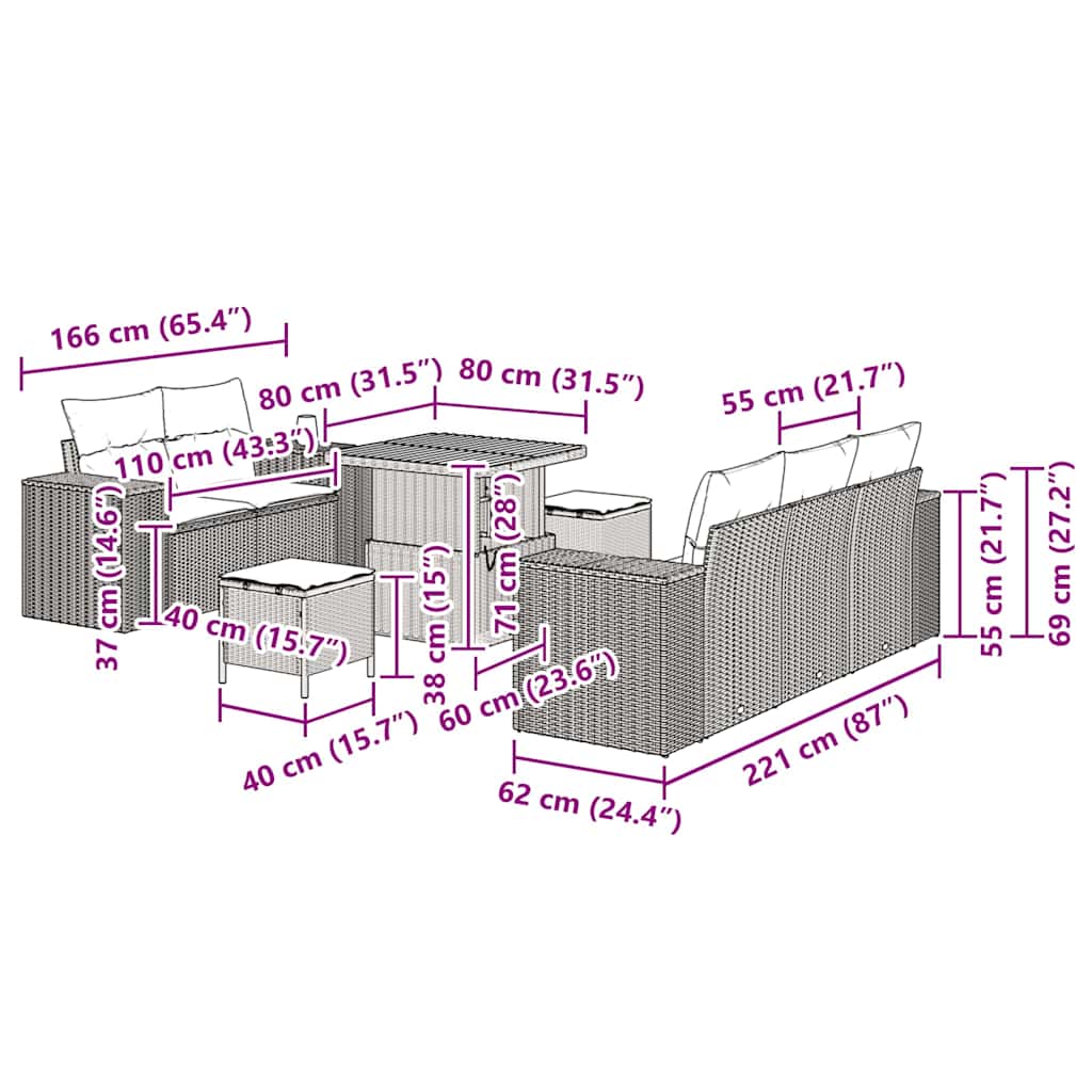 Tuinbankenset 8 pcs Zwart poly rattan