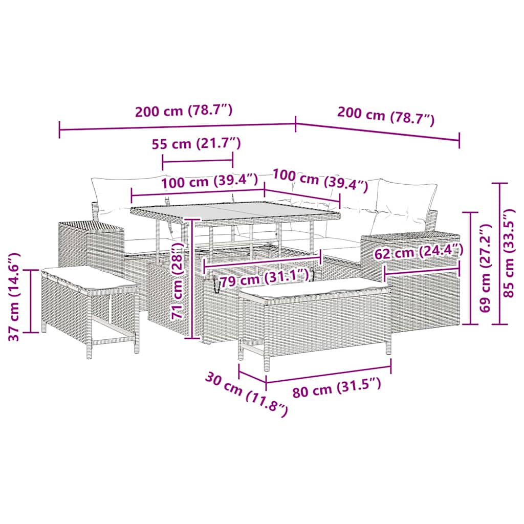 Tuin Sofa Set met kussen 8 pcs Zwart poly rattan