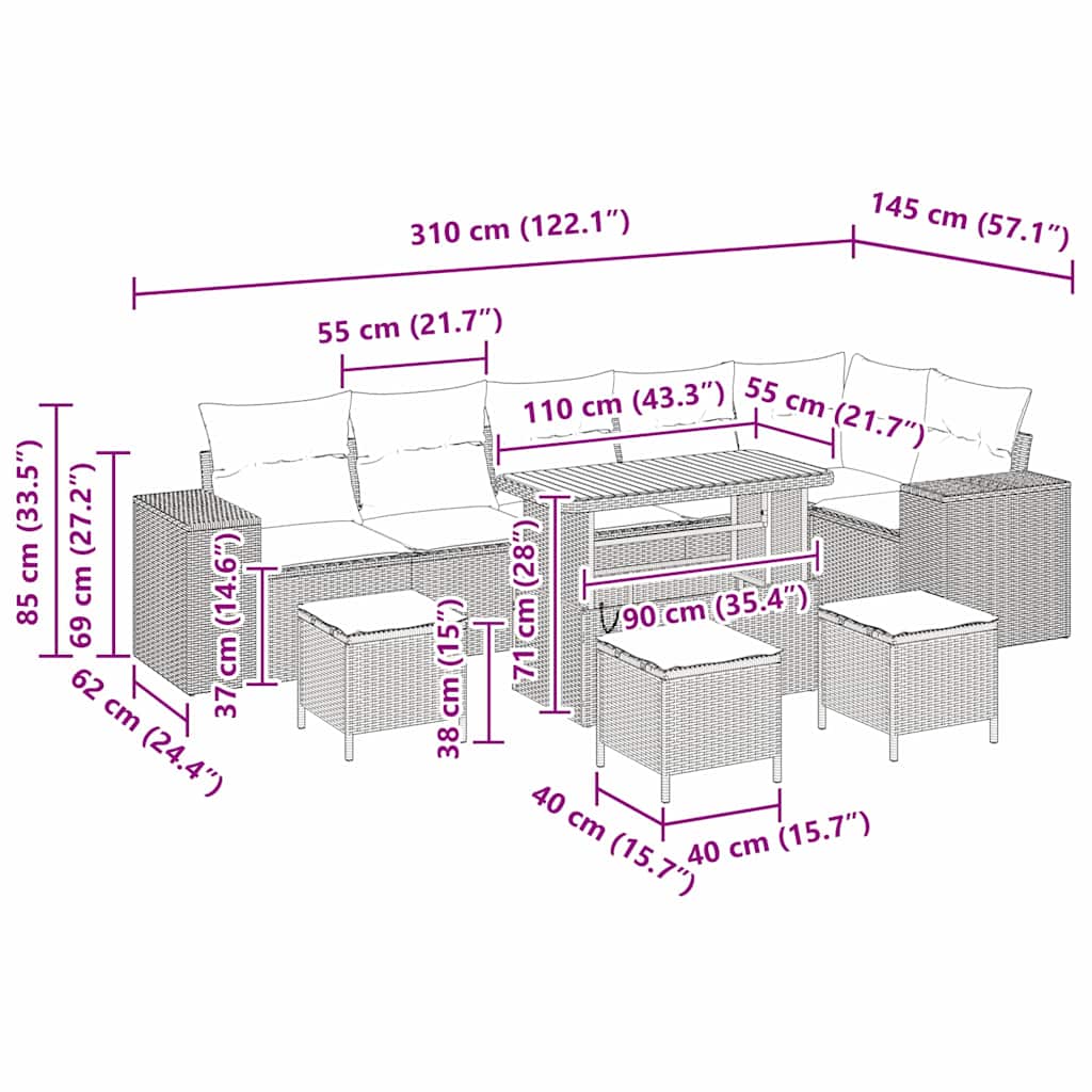 Tuin Sofa Set 10 pcs Grijs poly rattan