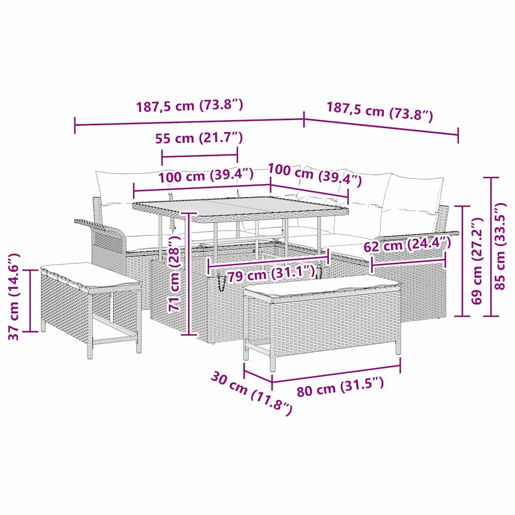 Tuinbankenset met kussen 8 pcs Zwart poly rattan