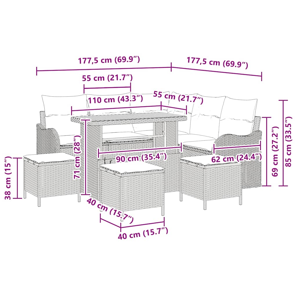 Tuinbankenset met kussen 9 pcs Zwart poly rattan