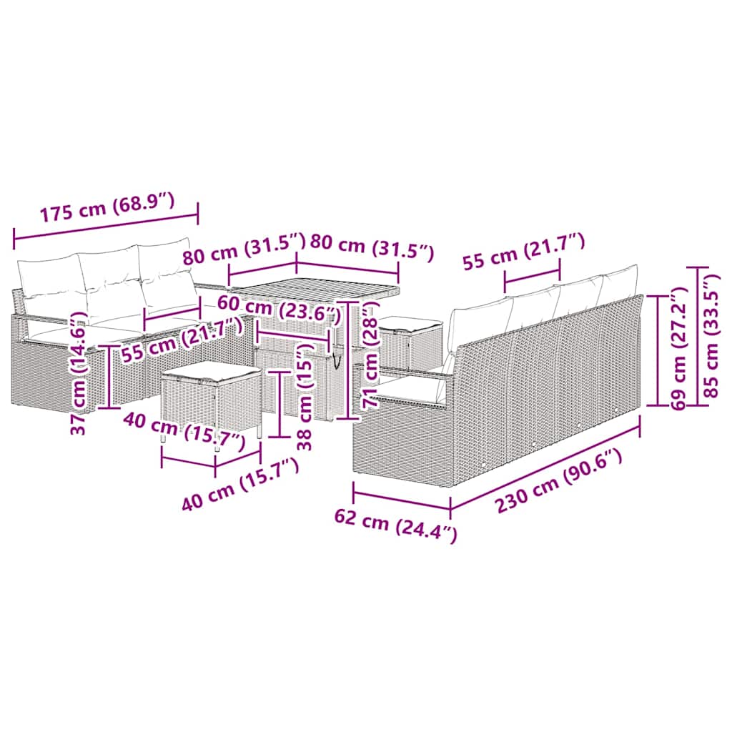 Tuinbankenset met kussen 10 pcs Zwart poly rattan