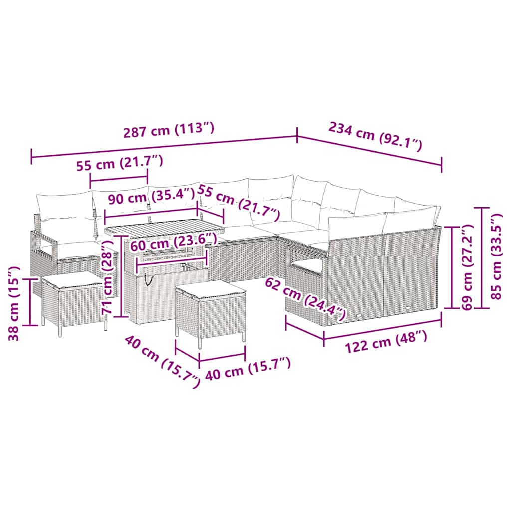 Tuinbankenset met kussen 12 pcs Zwart poly rattan
