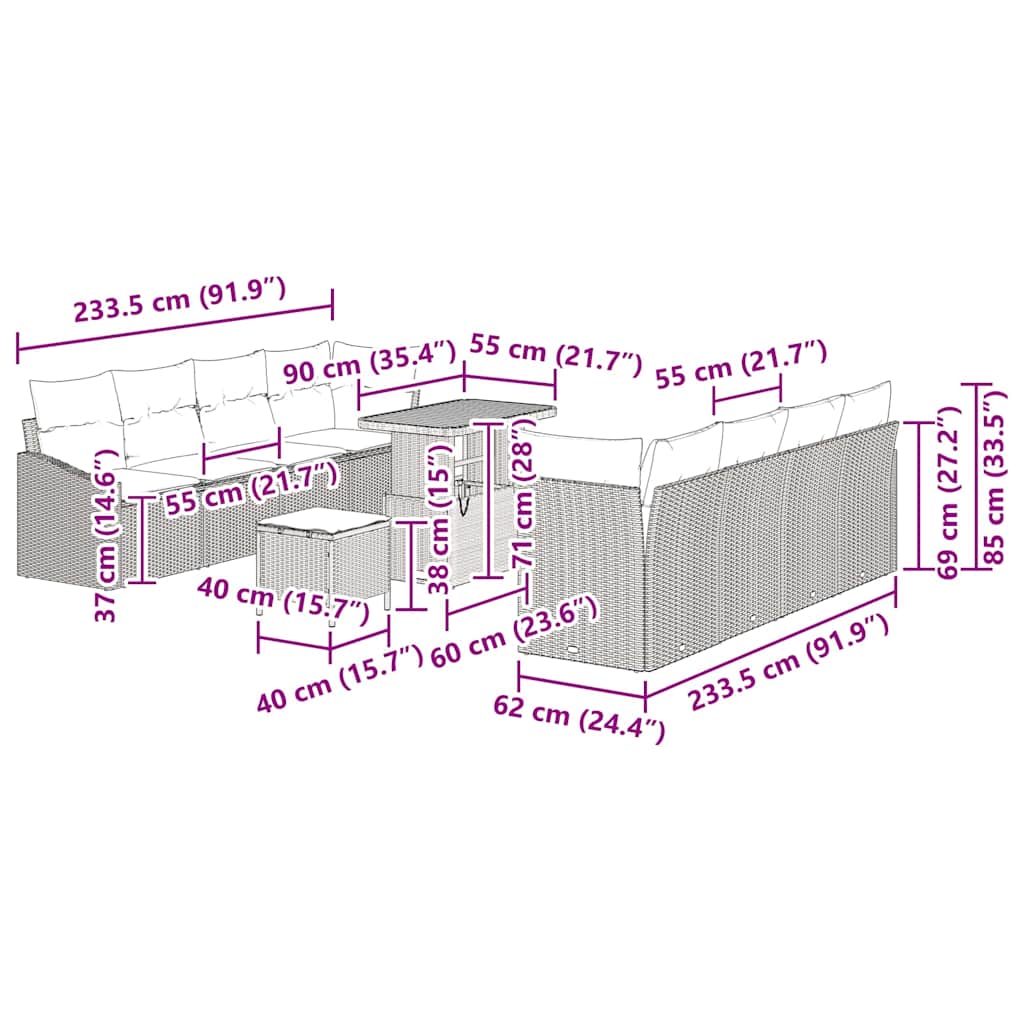 Tuinbankenset met kussen 11 pcs Zwart poly rattan