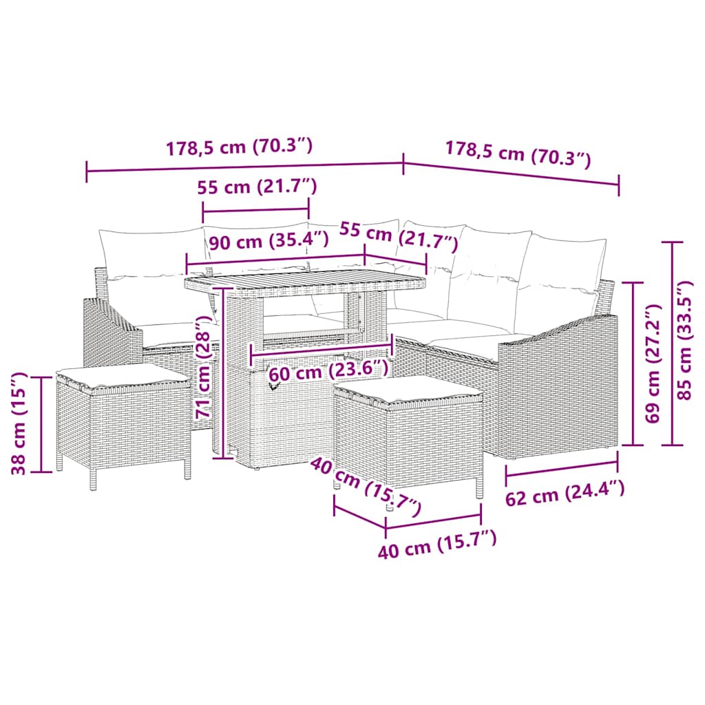 Tuinbankenset met kussen 8 pcs Zwart poly rattan