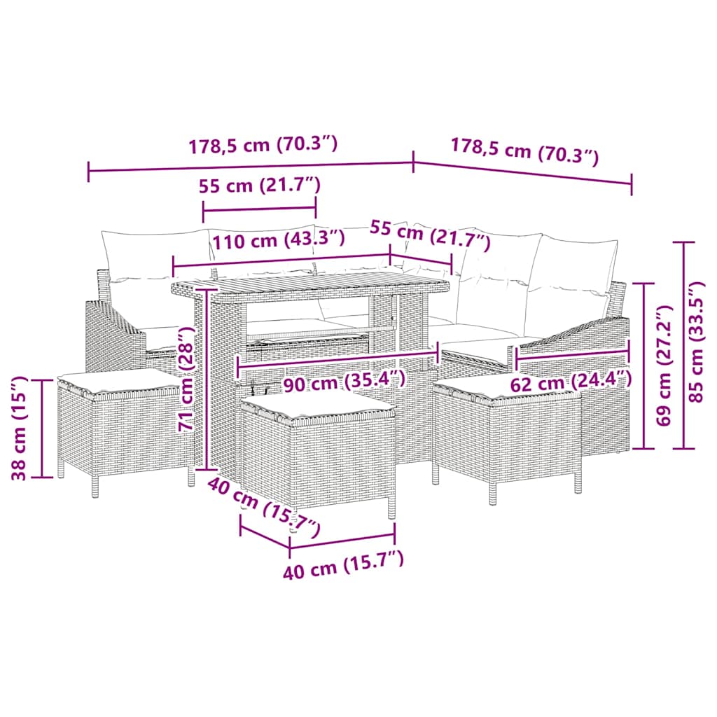 Tuinbankenset met kussen 9 pcs Zwart poly rattan