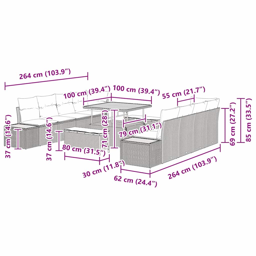 Tuinbankenset 11 pcs Zwart poly rattan