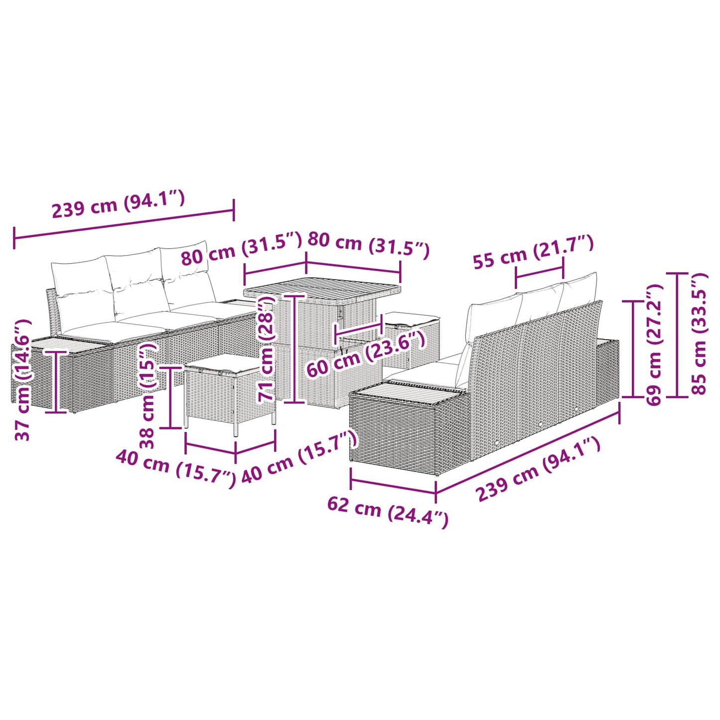 Tuinbankenset met kussen 9 pcs Beige en Crème