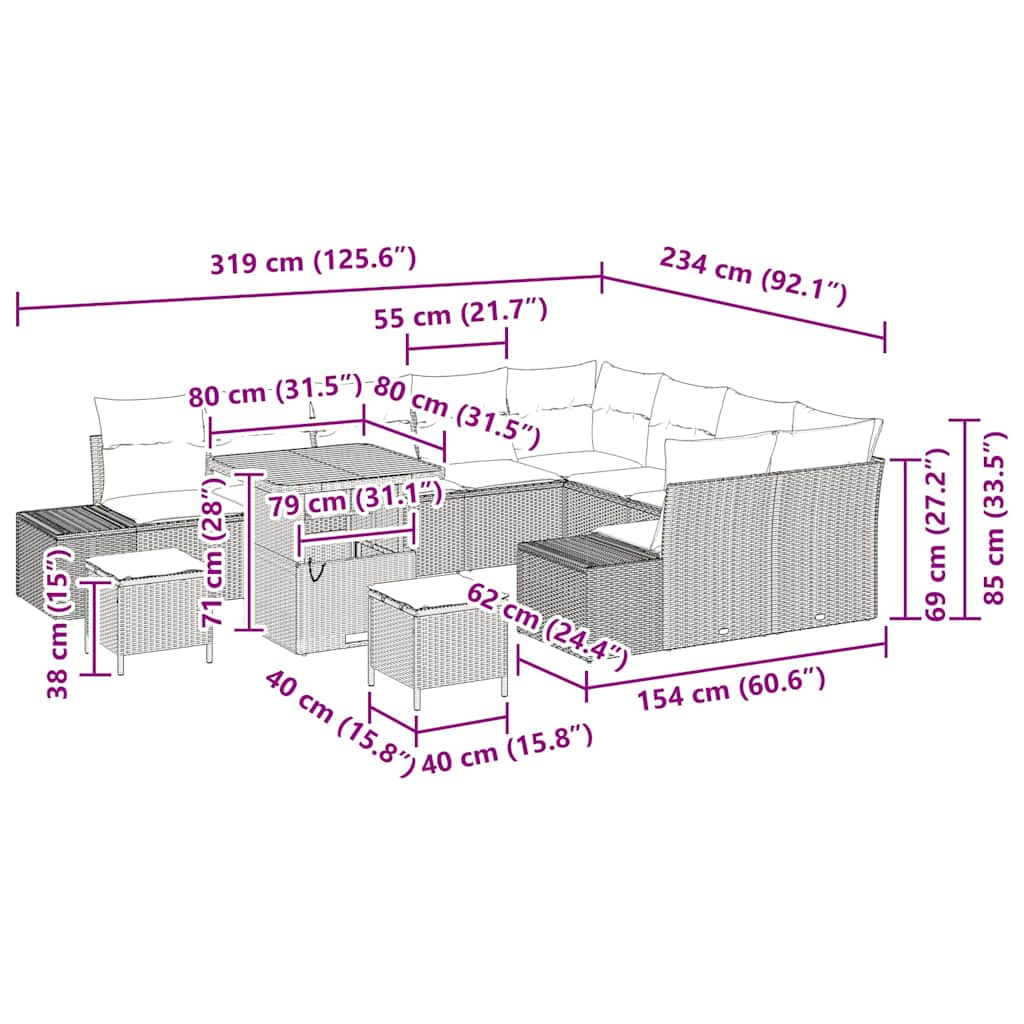 Tuinbankenset met kussen met opslag 12 pcs Beige Poly riet