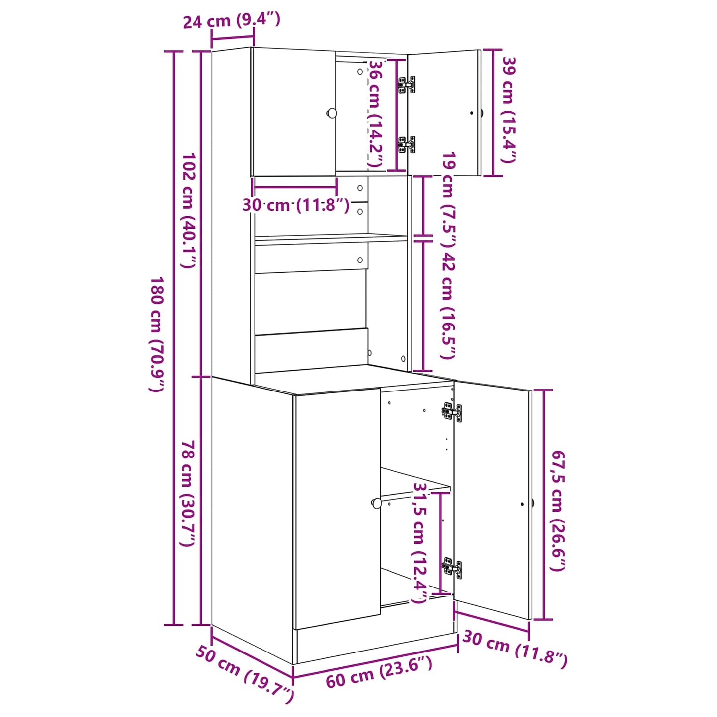 Keukenbuffet met plank 2 pcs Zwart Eiken 60 x 50 x 180 cm