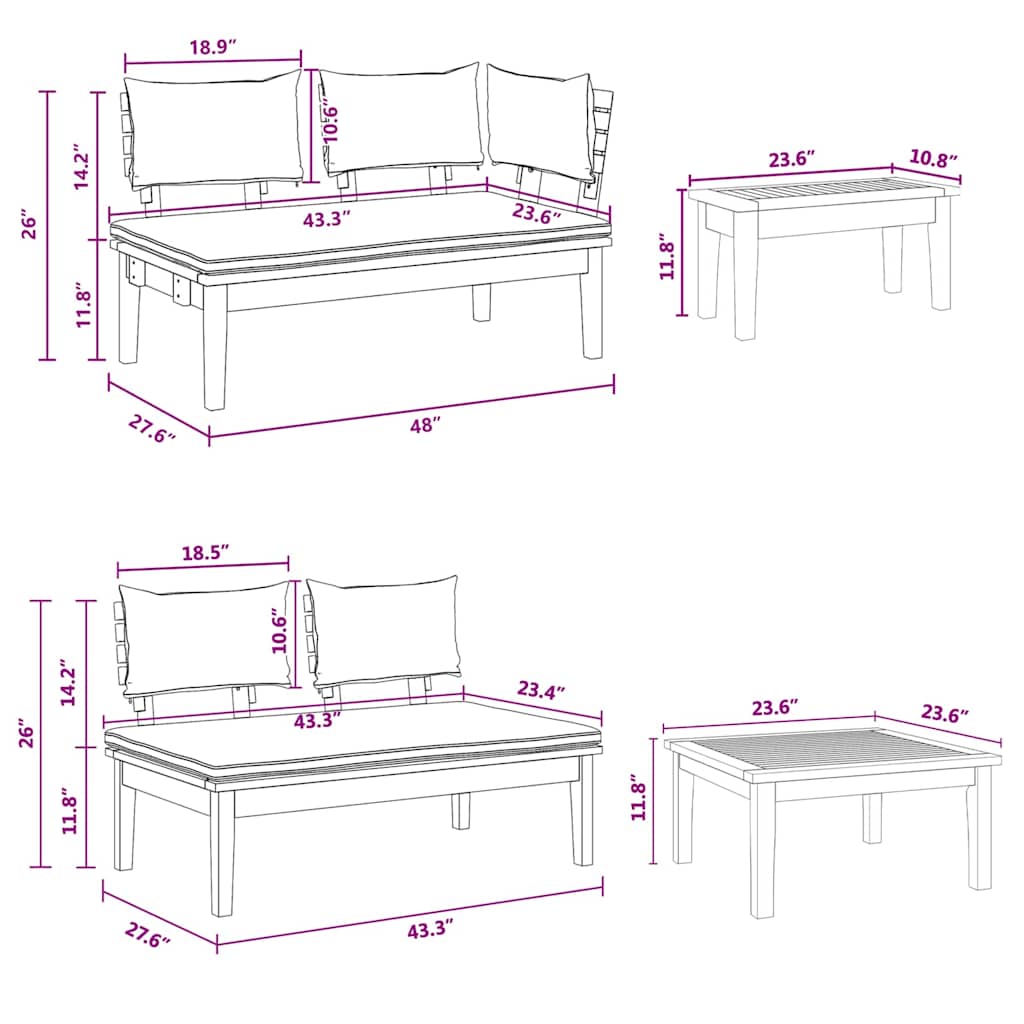 Tuinbankset 4 pcs Bruin en Crème 2-zits Medium Hout en Stof