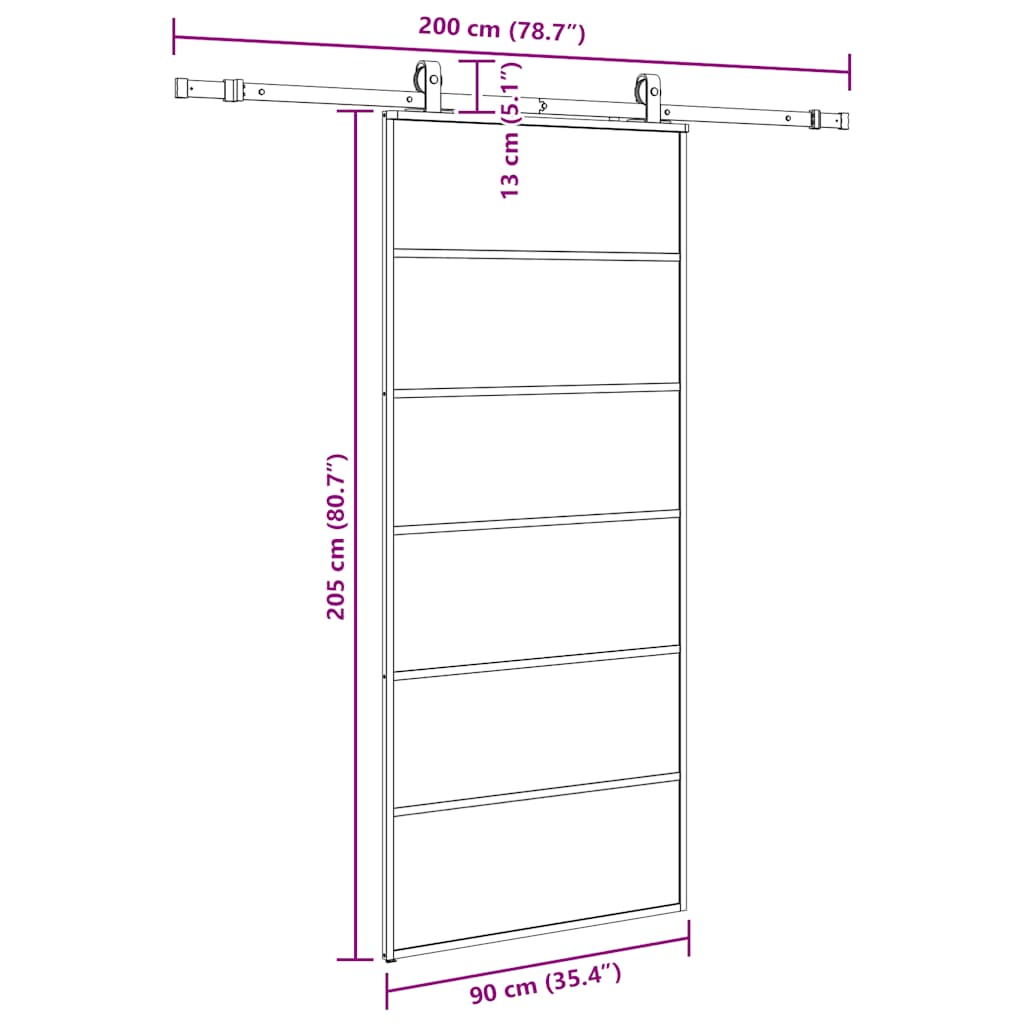 Schuifdeur Met Beslagset 90X205 Cm Esg Glas Zwart 90 x 205 cm (200 cm schuifrail) 5 horizontale stangen