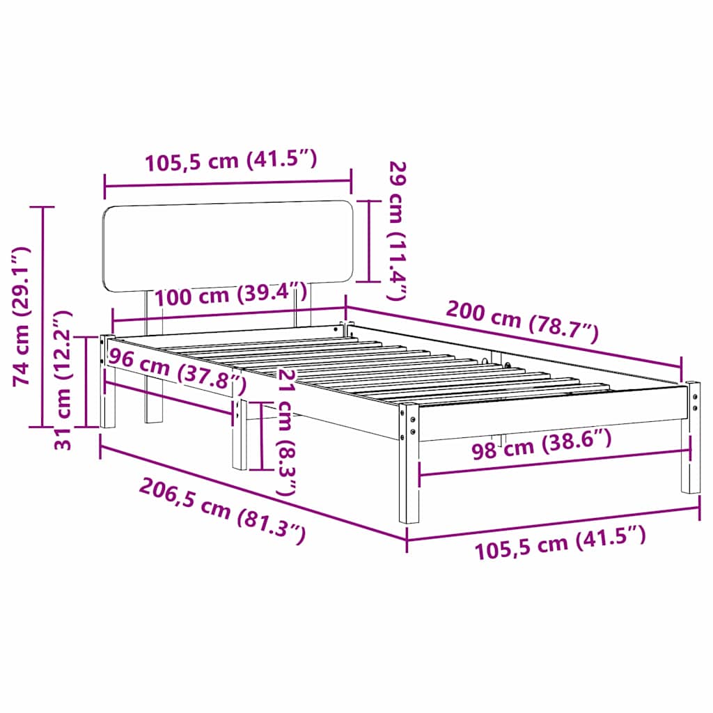 Bedframe met hoofdeinde Wit 100 x 200 cm Massief grenenhout