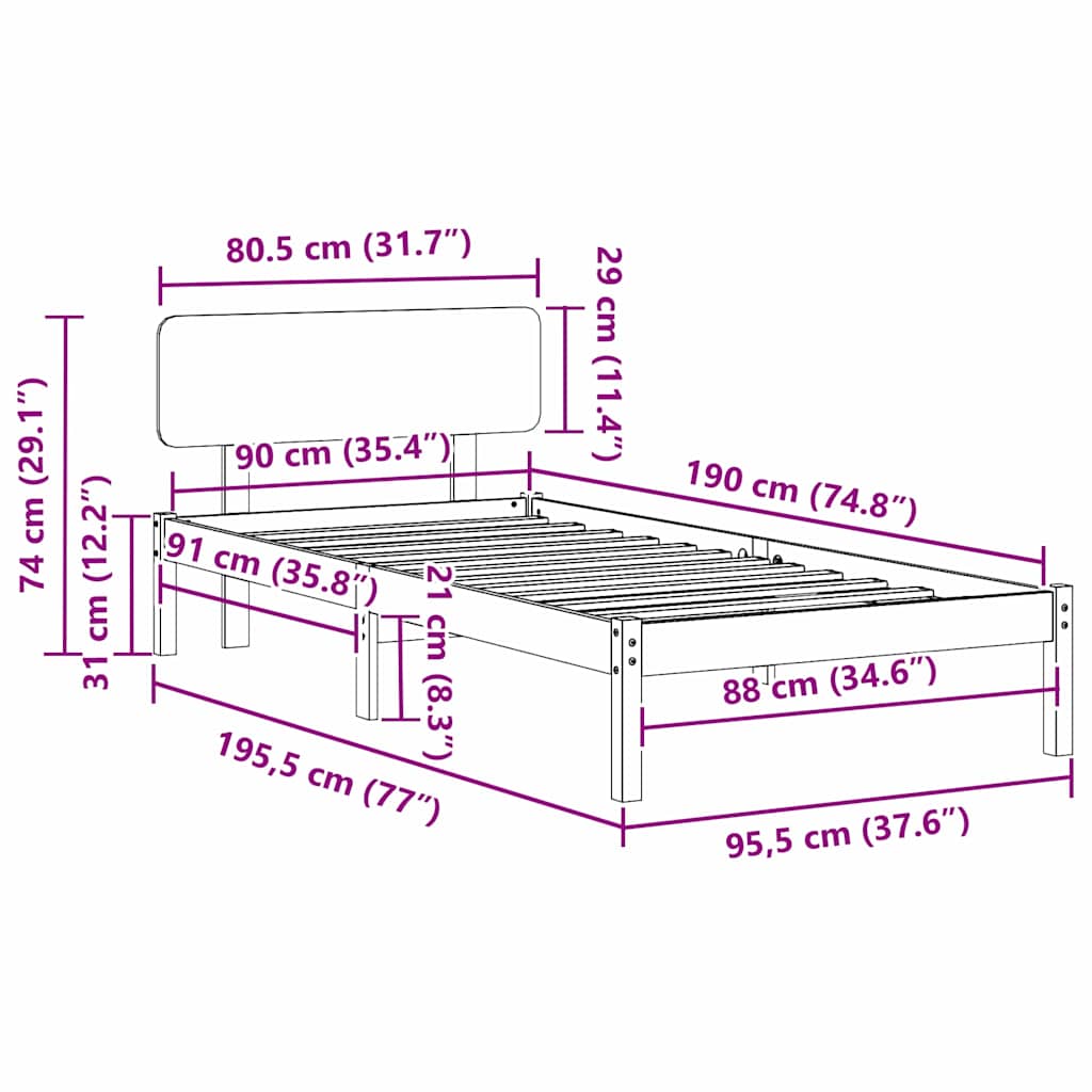 Bedframe met hoofdeinde Wasbruin 90 x 190 cm Massief grenenhout