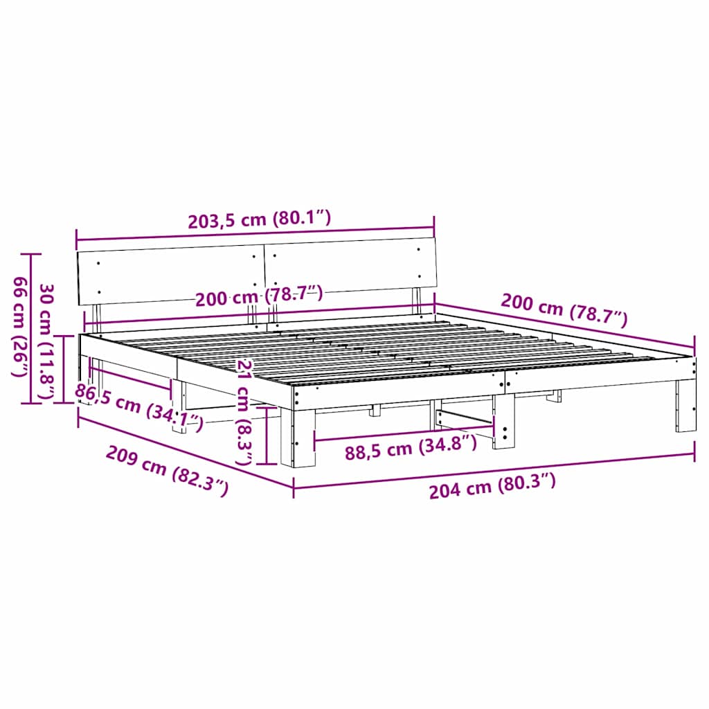 Bedframe met hoofdeinde Naturel 200 x 200 cm Massief grenenhout