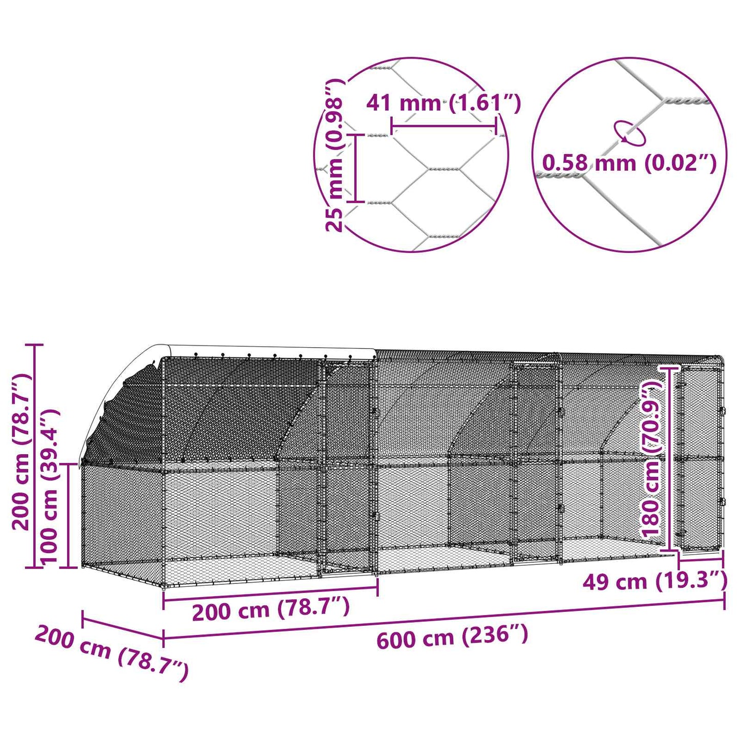 Kippenhok 3 pcs Zilver 600 x 200 x 200 cm Staal en PE