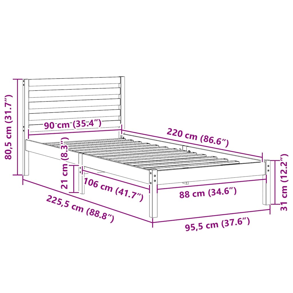 Bedframe met hoofdeinde Wit 90 x 220 cm Massief grenenhout