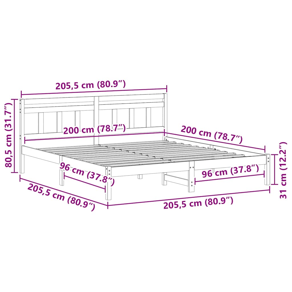 Bedframe met hoofdeinde Wit 200 x 200 cm Massief grenenhout