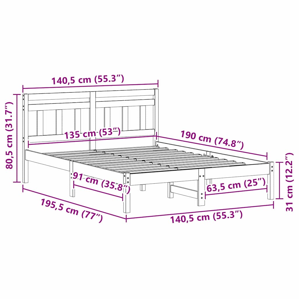 Bedframe Bruin 135 x 190 cm Massief grenenhout