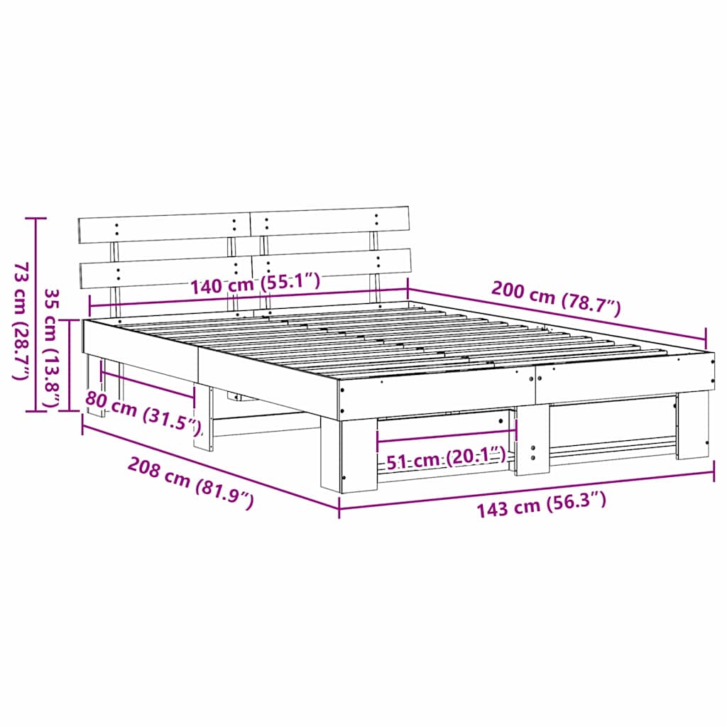 Bedframe met hoofdeinde Bruin 140 x 200 cm Massief grenenhout