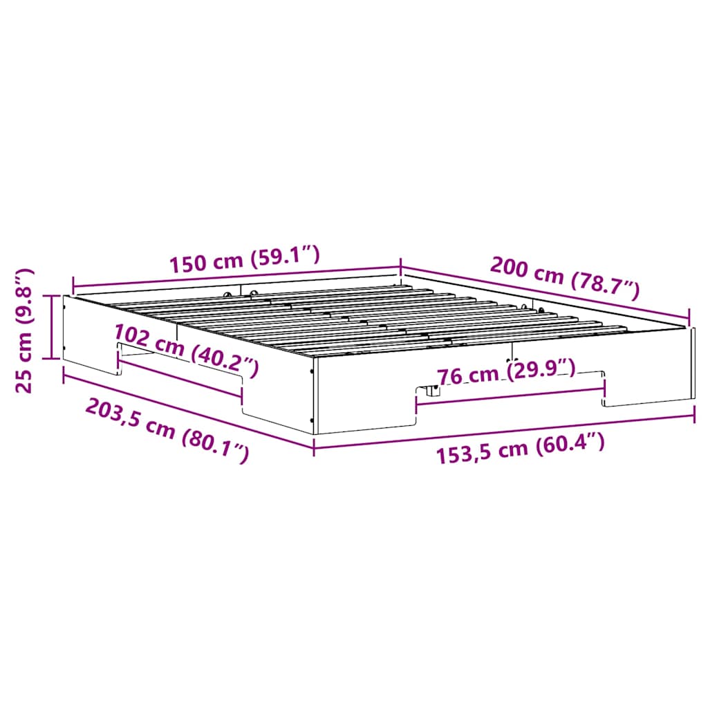 Bedframe met opslag Bruin 150 x 200 cm Massief grenenhout