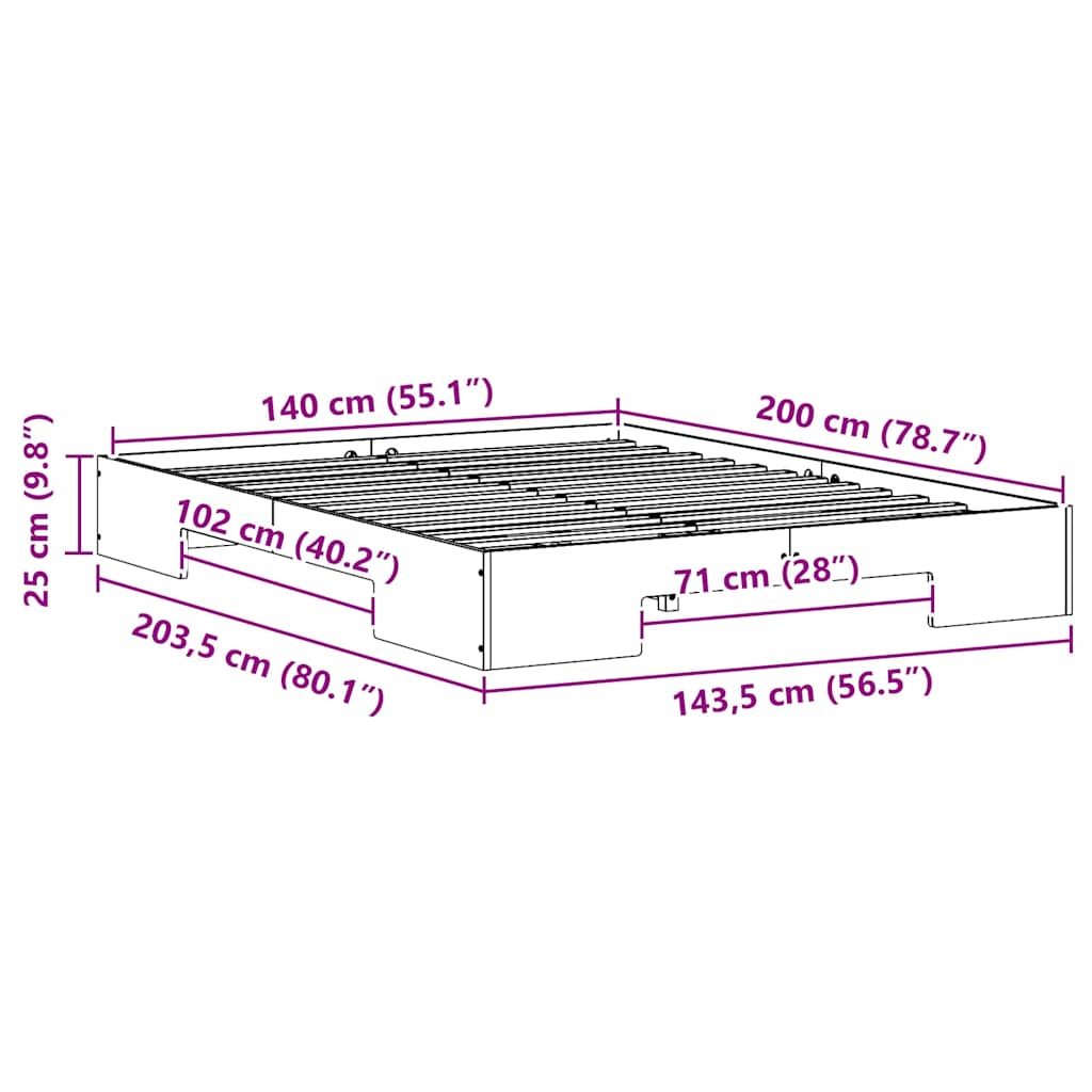 Bedframe met opslag Wit 140 x 200 cm Massief grenenhout