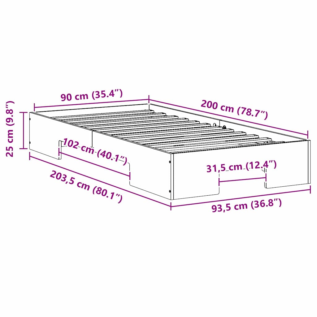 Bedframe met opslag Wit 90 x 200 cm Massief grenenhout
