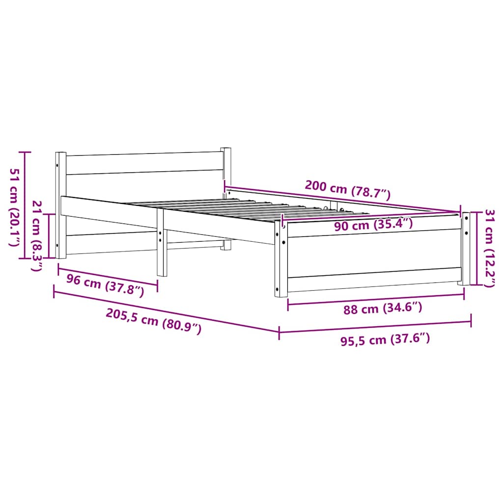 Bedframe met hoofdeinde Wasbruin 90 x 200 cm Massief grenenhout