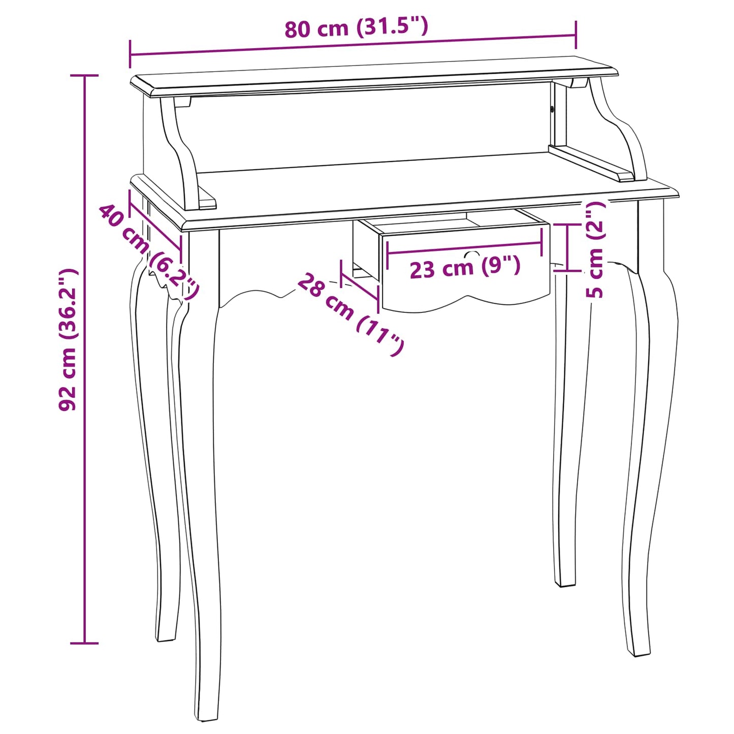 Bureau met lade Wit 80 x 40 x 92 cm Massief Mahoniehout