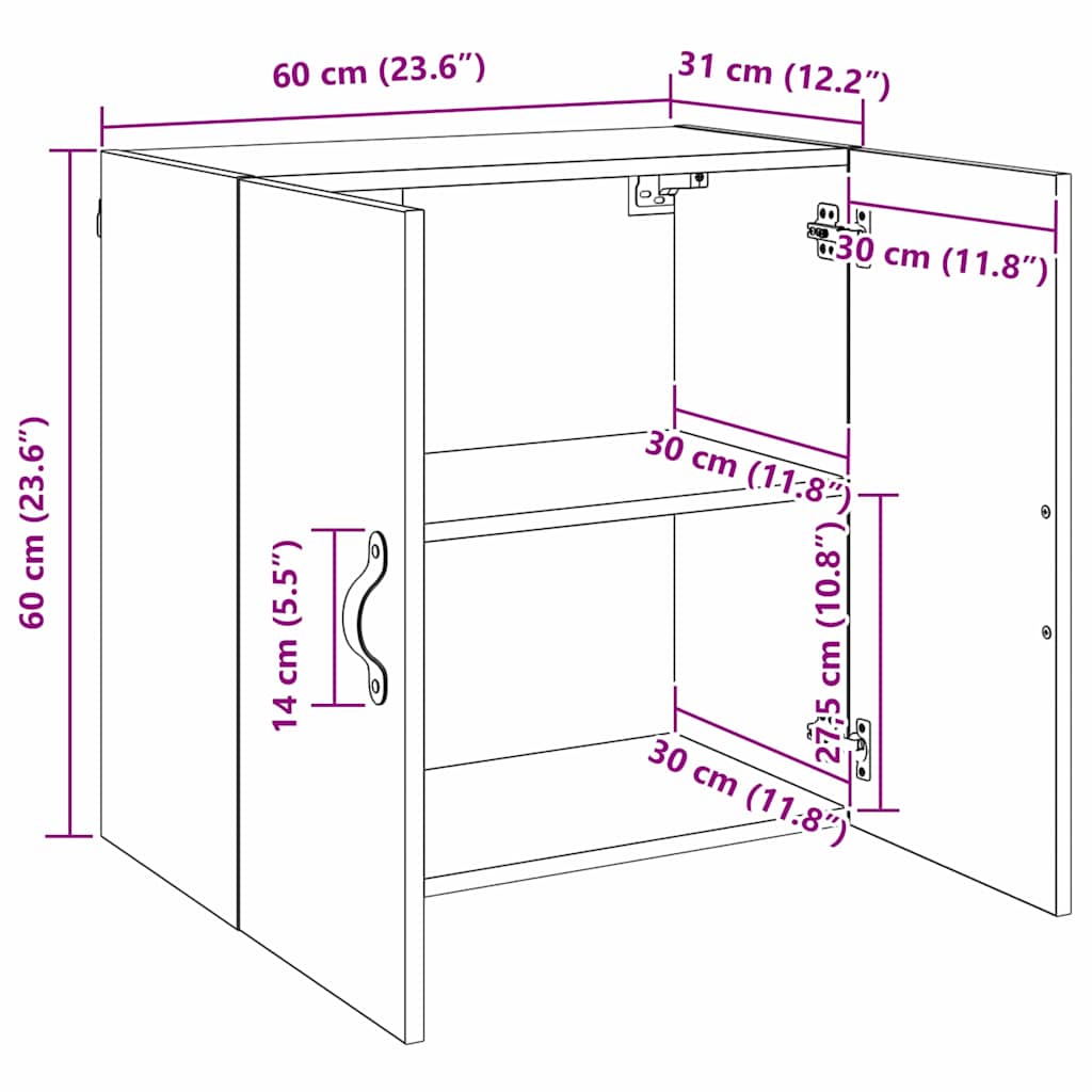 Wandkast artisanaal eikenkleurig 60 x 31 x 60 cm Bewerkt hout
