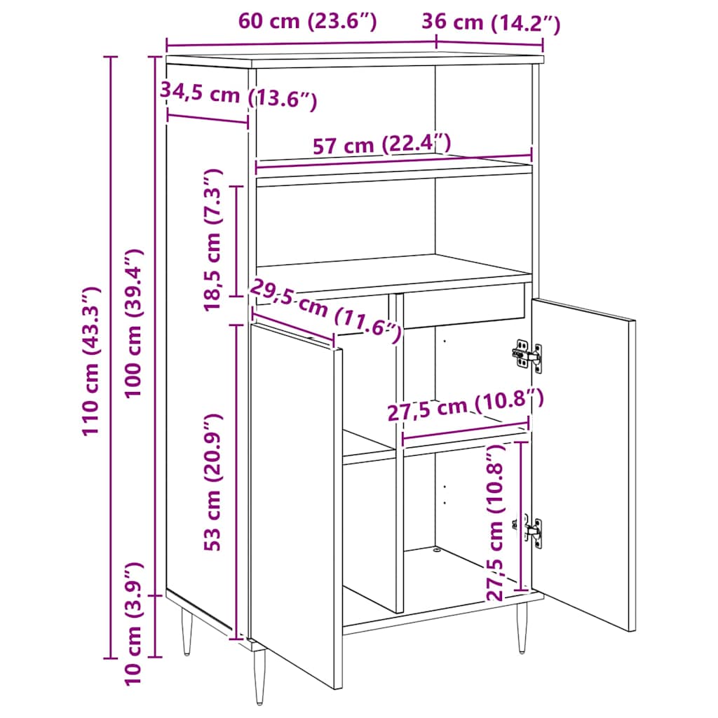 Highboard Zwart 60 x 36 x 110 cm Bewerkt hout