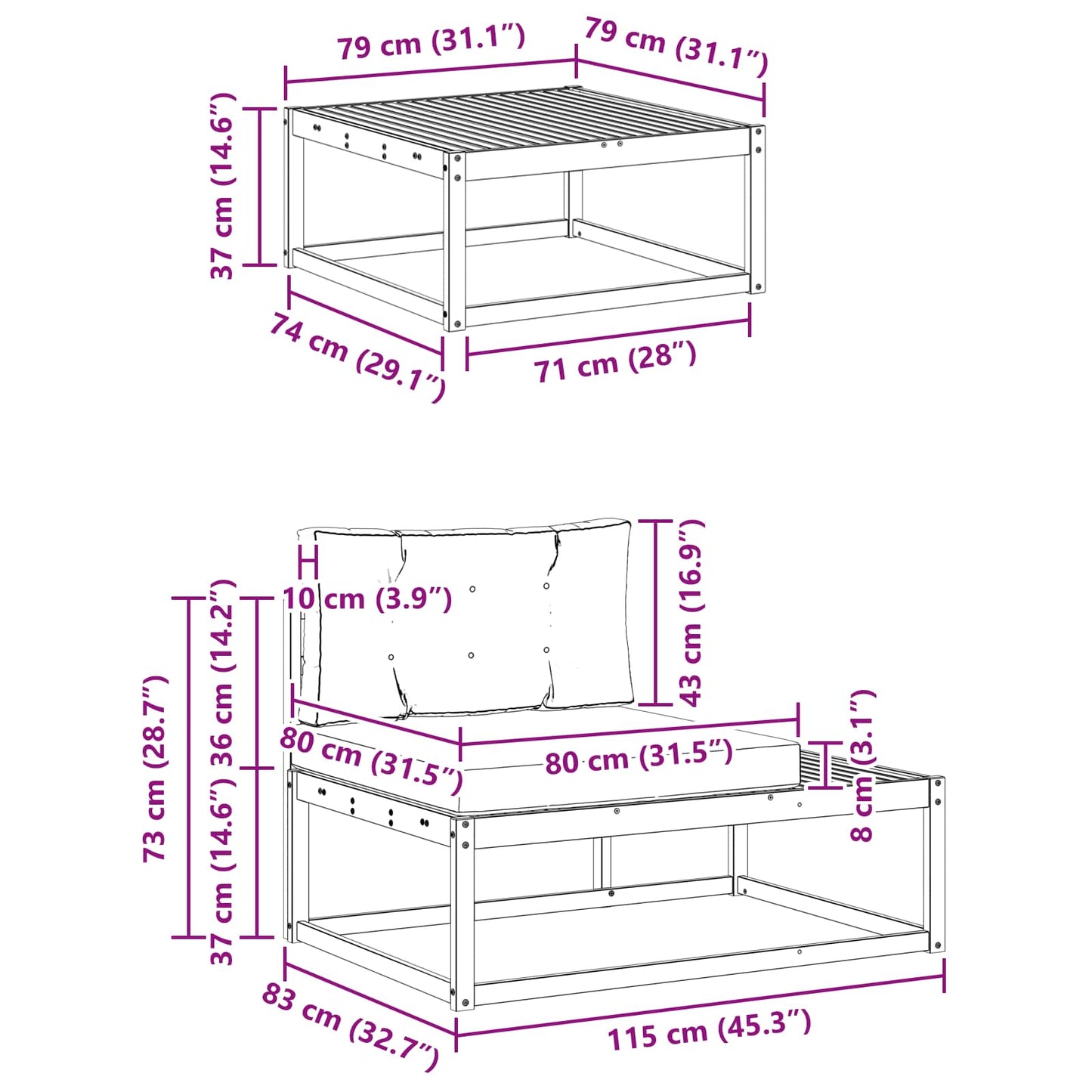 Buiten bankenset met kussen Wit 79 x 79 x 37 cm Polyester