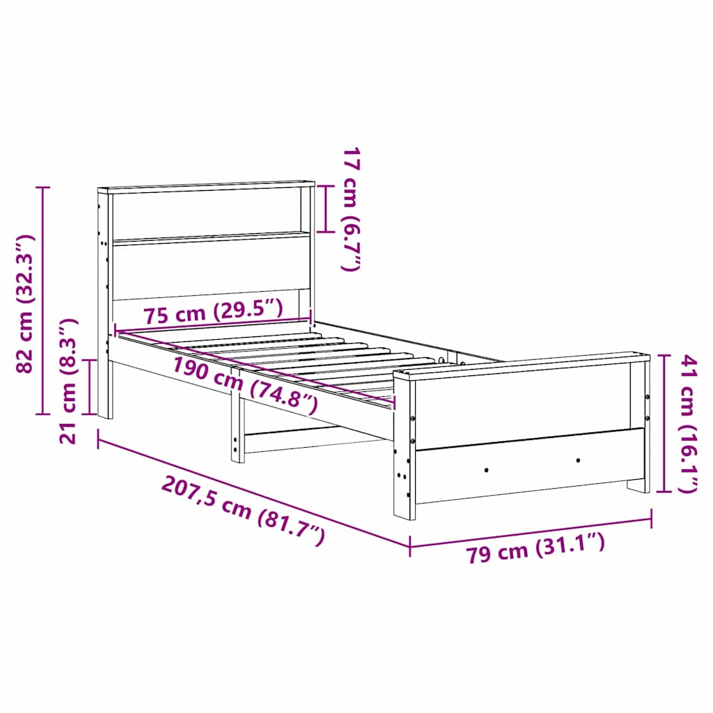 Bedframe met hoofdeinde Wasbruin 75 x 190 cm Massief grenenhout