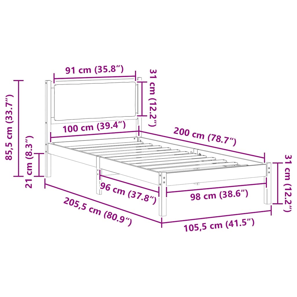 Bedframe Donkergrijs 100 x 200 cm Massief grenenhout