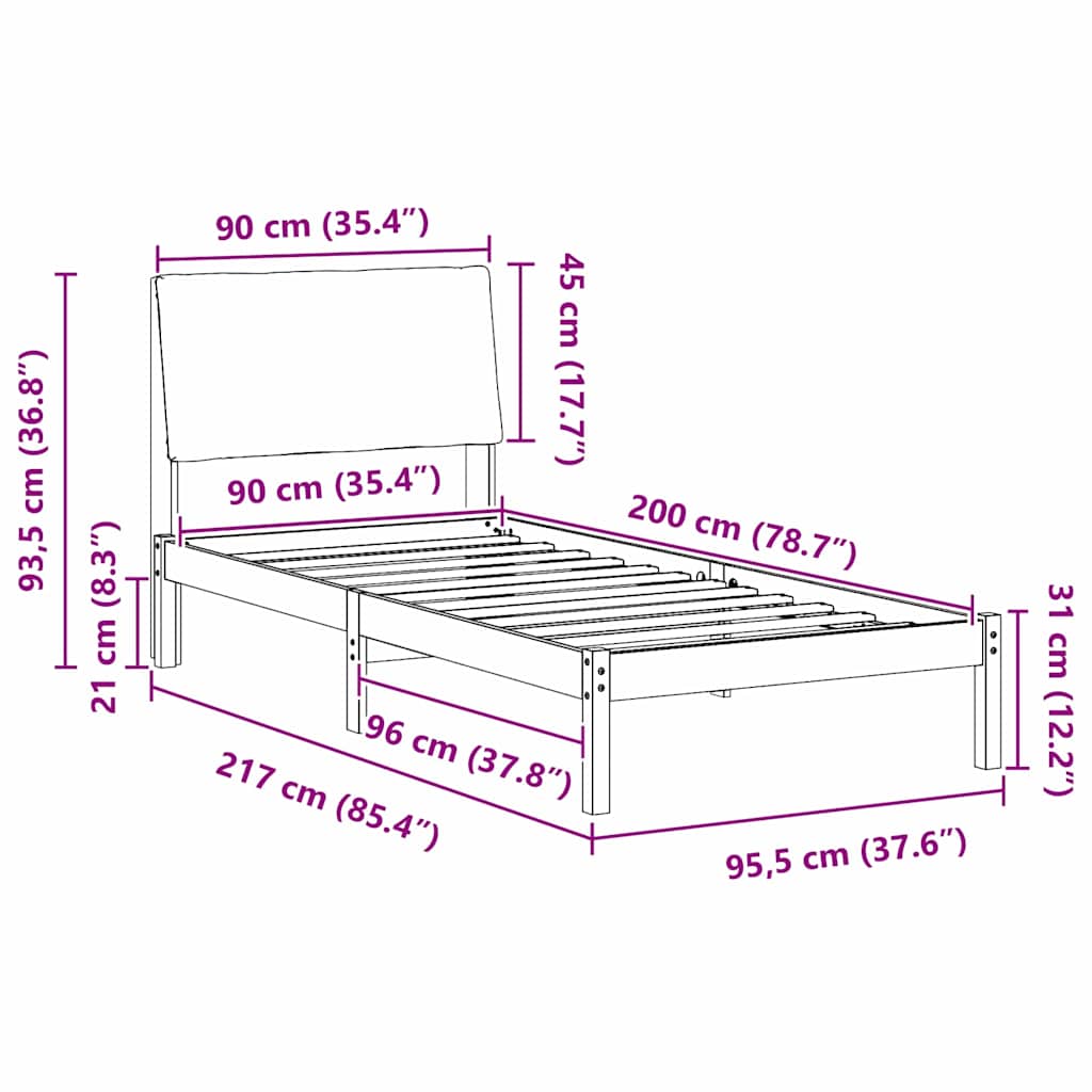 Bedframe Wit en lichtgrijs 90 x 200 cm Massief grenenhout