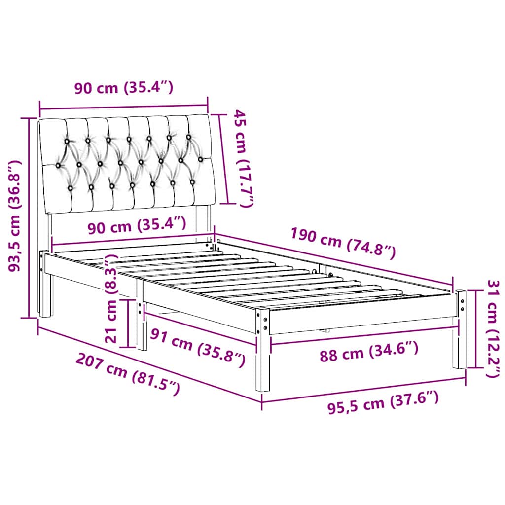 Bedframe met Gevoerd Hoofdgedeelte Bruin 90 x 190 cm