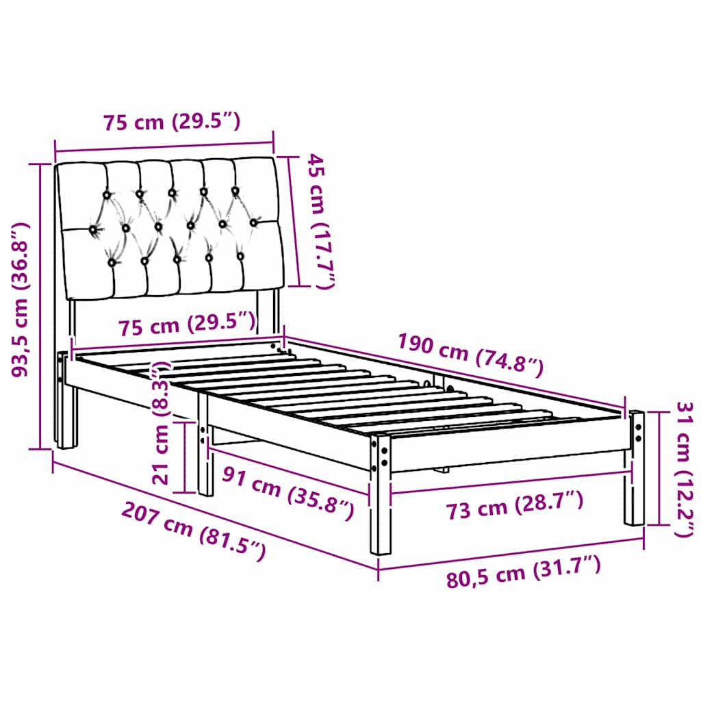 Bedframe met Gevoerd Hoofdgedeelte Bruin 75 x 190 cm