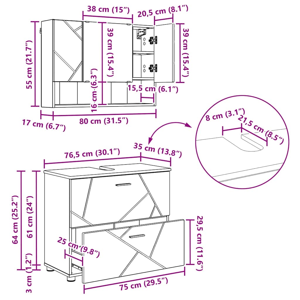 Badkamermeubelset 2 pcs Sonoma Eiken Geperst Hout en Metaal