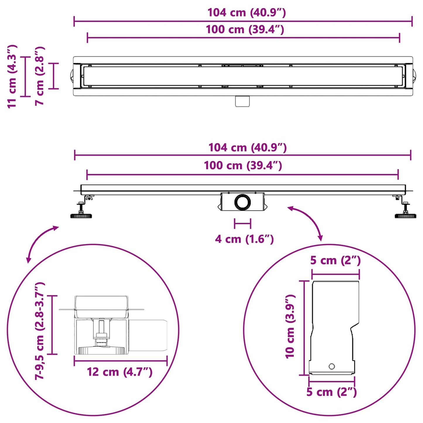 2 In 1 Doucheafvoer Roestvrij Staal 304 100 cm Zwart