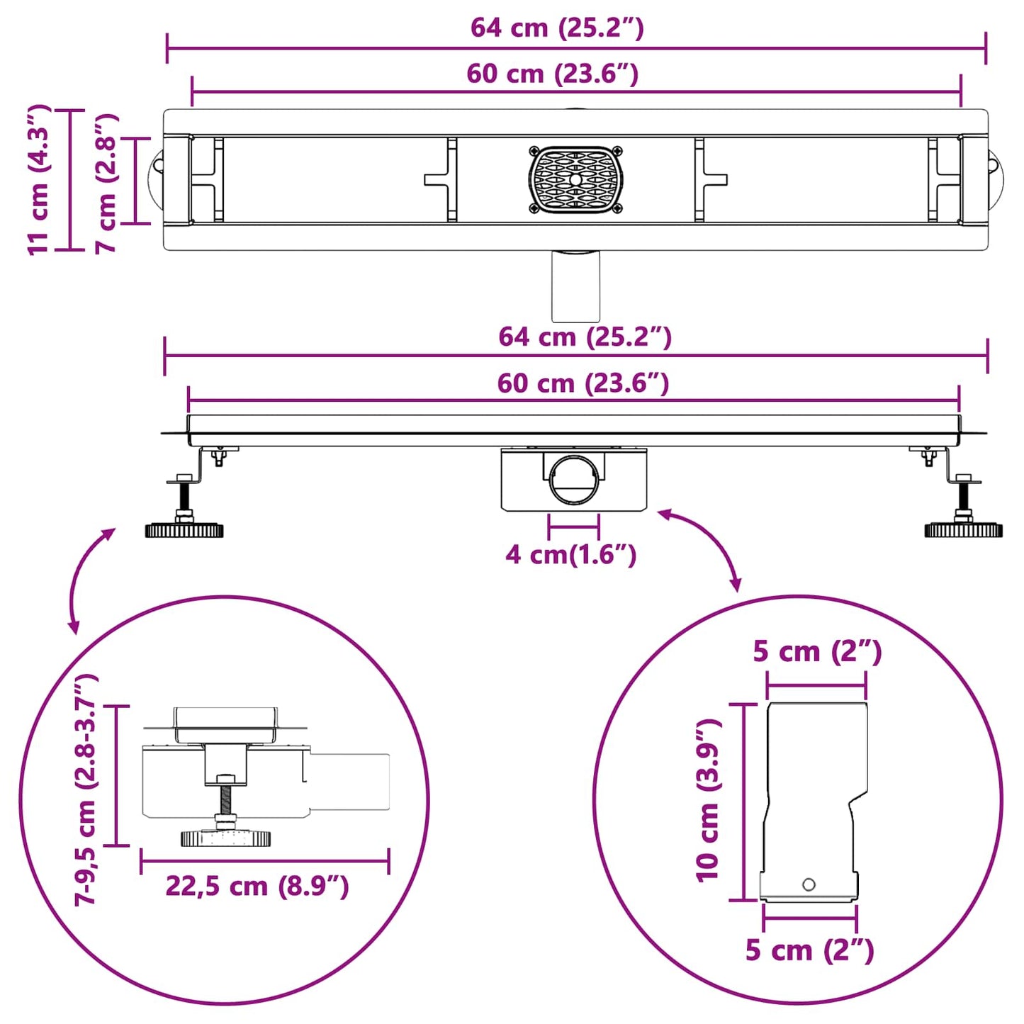 Doucheafvoer 2-In-1 Met 360° Sifon 60 cm Zwart