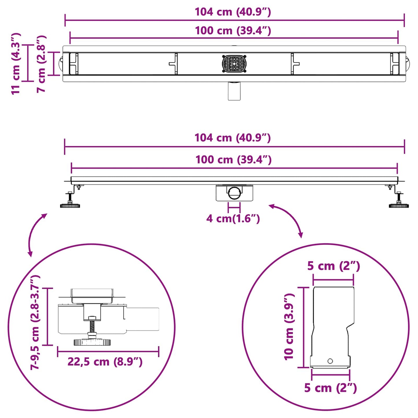 Doucheafvoer 2-In-1 Met 360° Sifon 100 cm Zwart