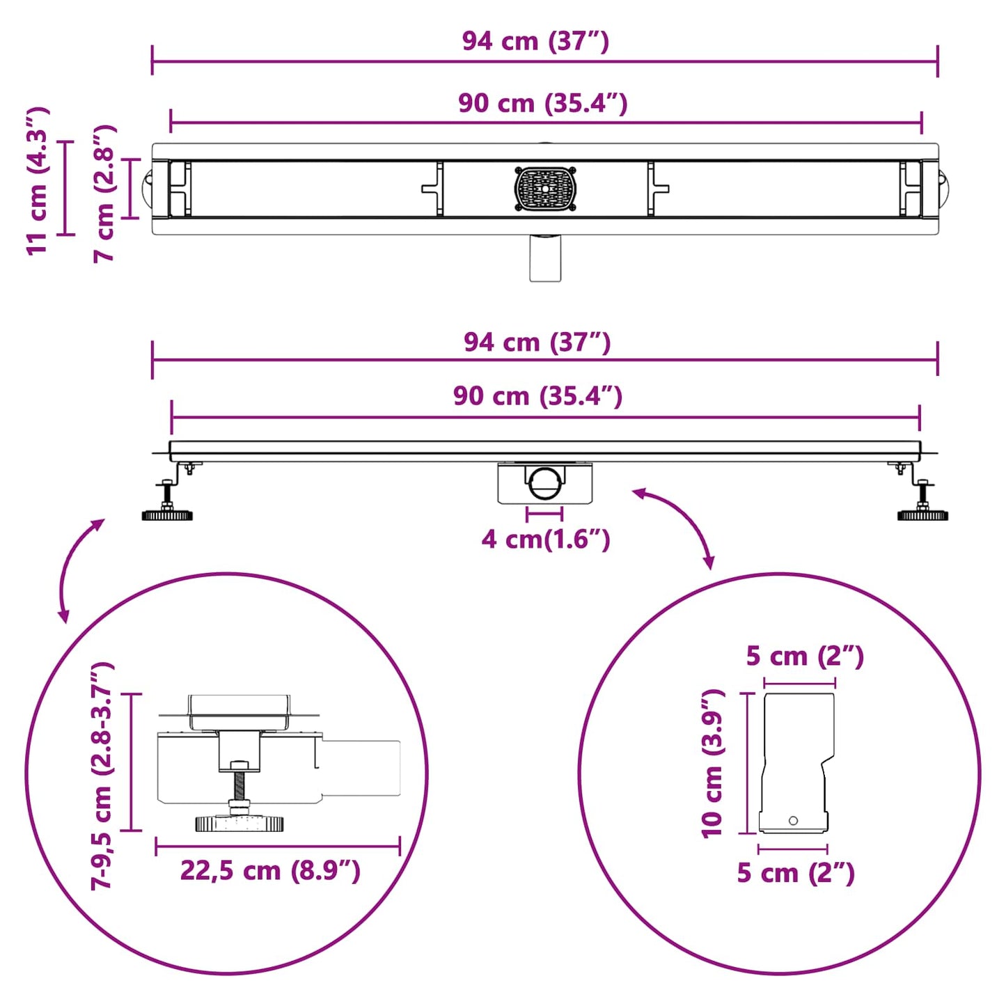 Doucheafvoer 2-in-1 met 360° Sifon Zilver 90 cm