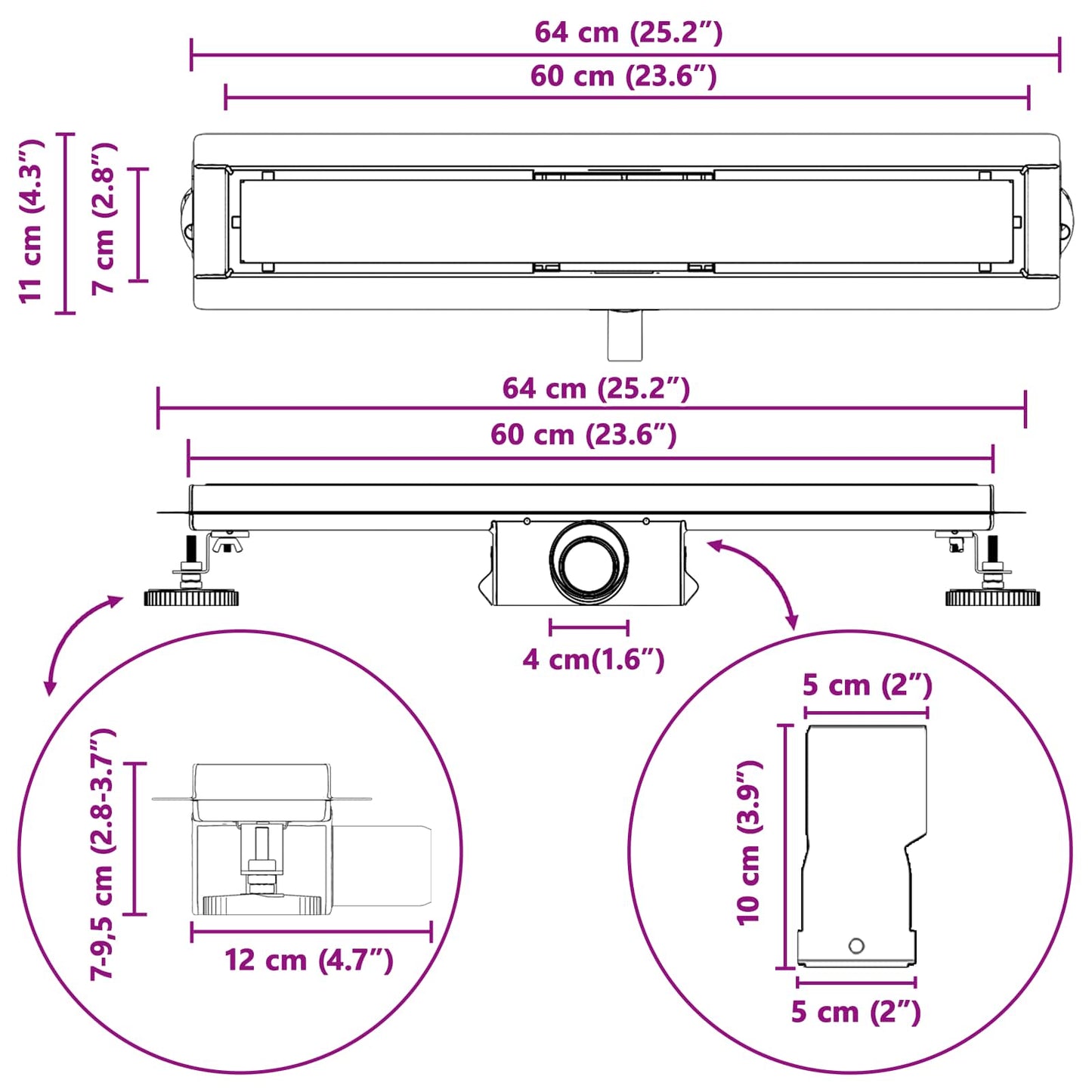Doucheafvoer met Glazen Deksel Zilver 60 cm Roestvrij staal 304
