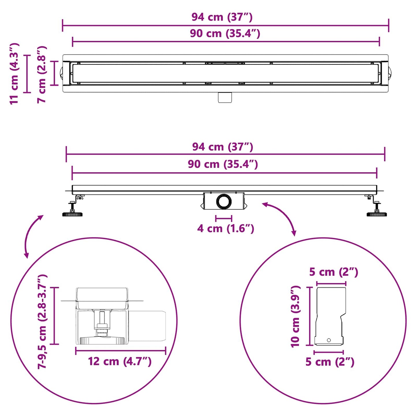 2 In 1 Doucheafvoer Roestvrij Staal 304 90 cm Zwart