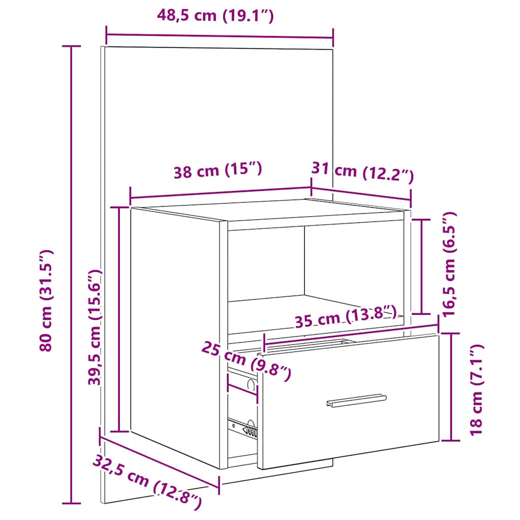 Bedkast 2 pcs Zwart eiken 48.5 x 32.5 x 80 cm Bewerkt hout