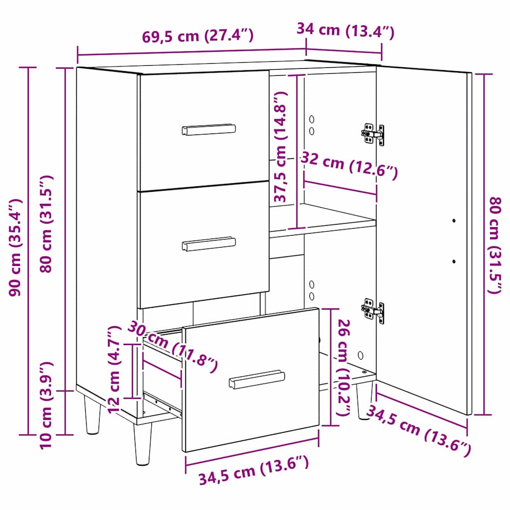 Dressoir met lade Artisan Eiken 34 x 69.5 x 90 cm Bewerkt hout