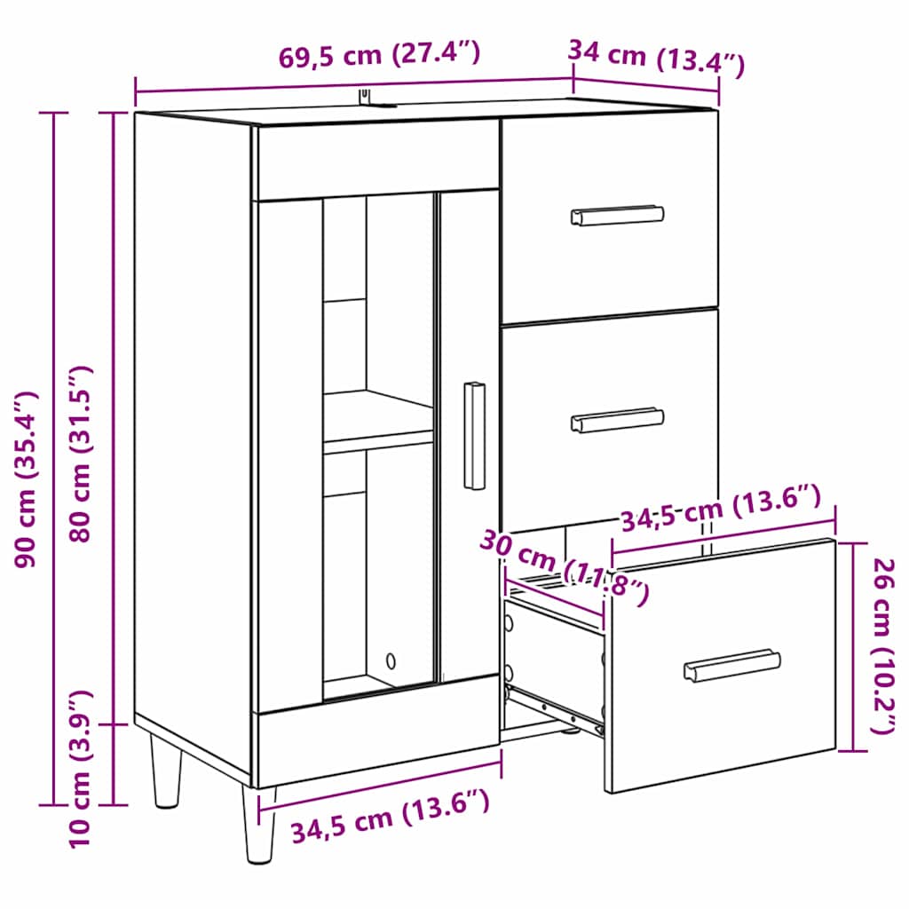 Dressoir met lade Zwart Eiken 69,5 x 34 x 90 cm Bewerkt hout