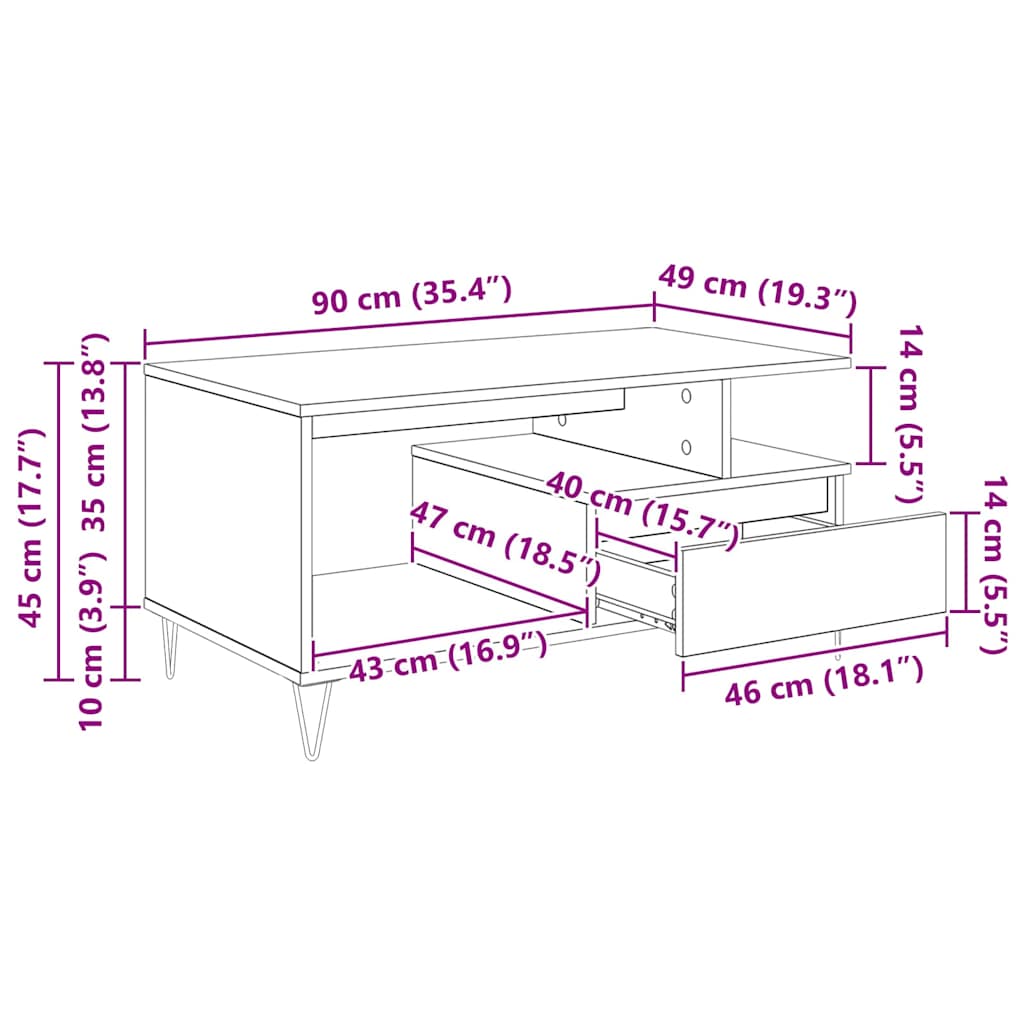 Salontafel met lade Zwart Eiken 90 x 49 x 45 cm Bewerkt hout