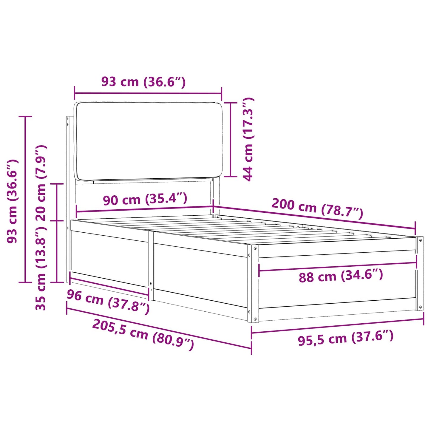 Bedframe met Gevoerd Hoofdgedeelte Donkergrijs 90 x 200 cm
