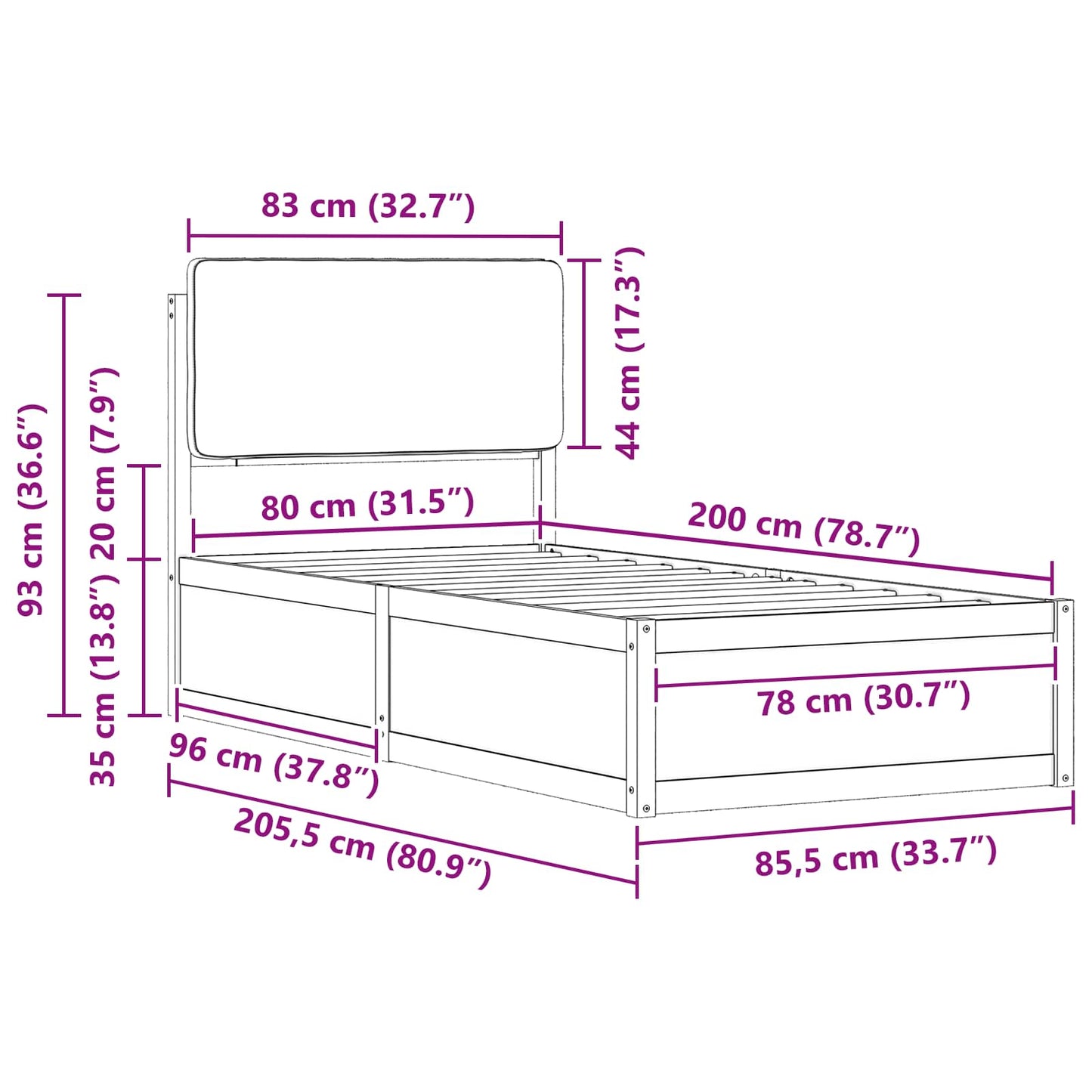 Bedframe met Gevoerd Hoofdgedeelte Zwart 80 x 200 cm